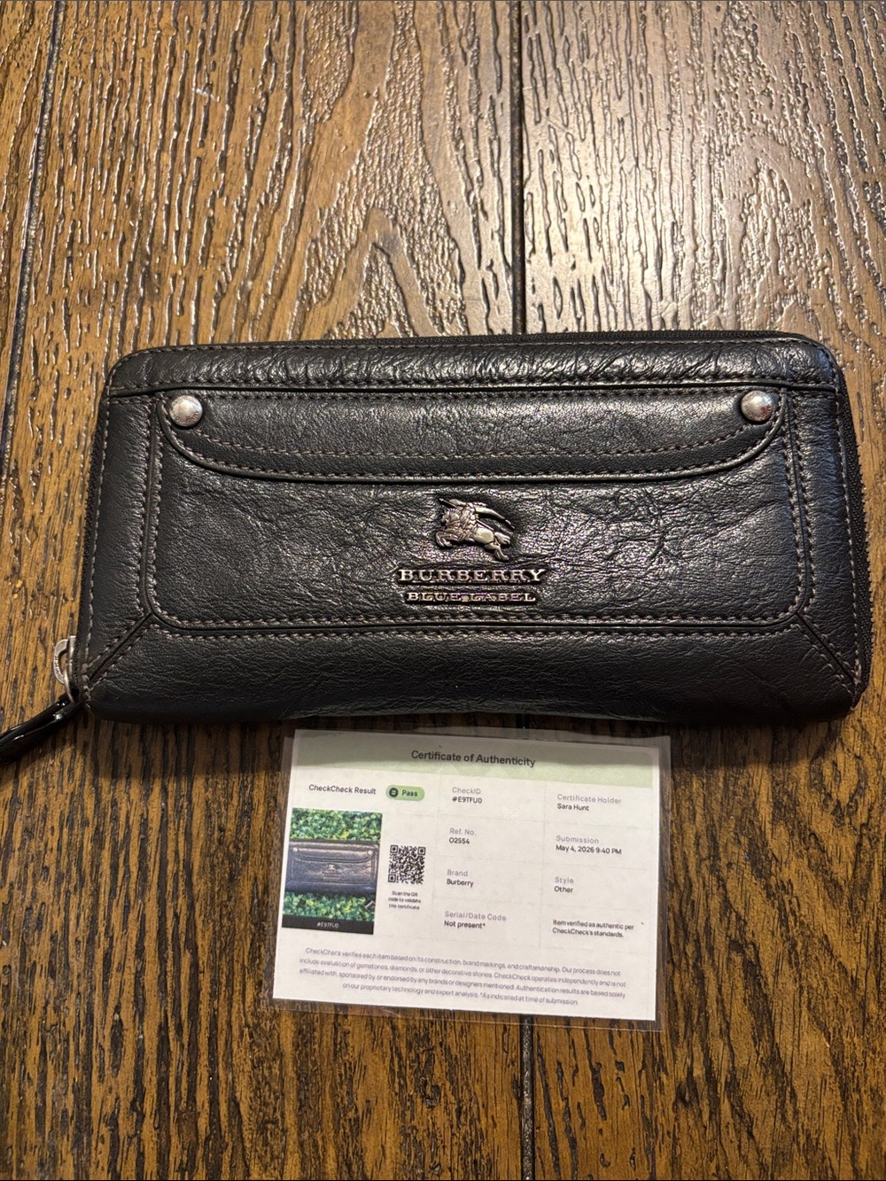 Burberry Black Leather Zip Wallet with Horseferry Motif